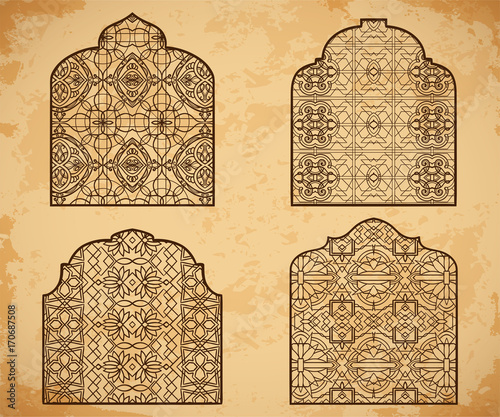 Collection of arabic windows with traditional islamic ornament. Design concept for greeting card, banner, poster, print. Vector illustration