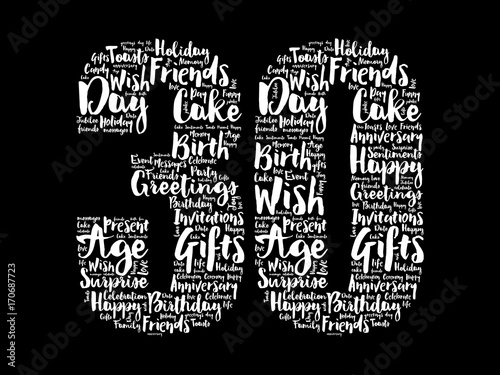 Happy 30th birthday word cloud collage concept