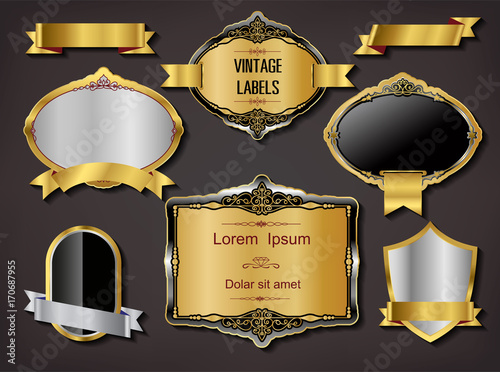 Set of Vector Golden Badge with ribbon on Black background, Retro Labels and Ribbons color design,  Vintage logo website and mobile website badges, ads, print material, label frame design 