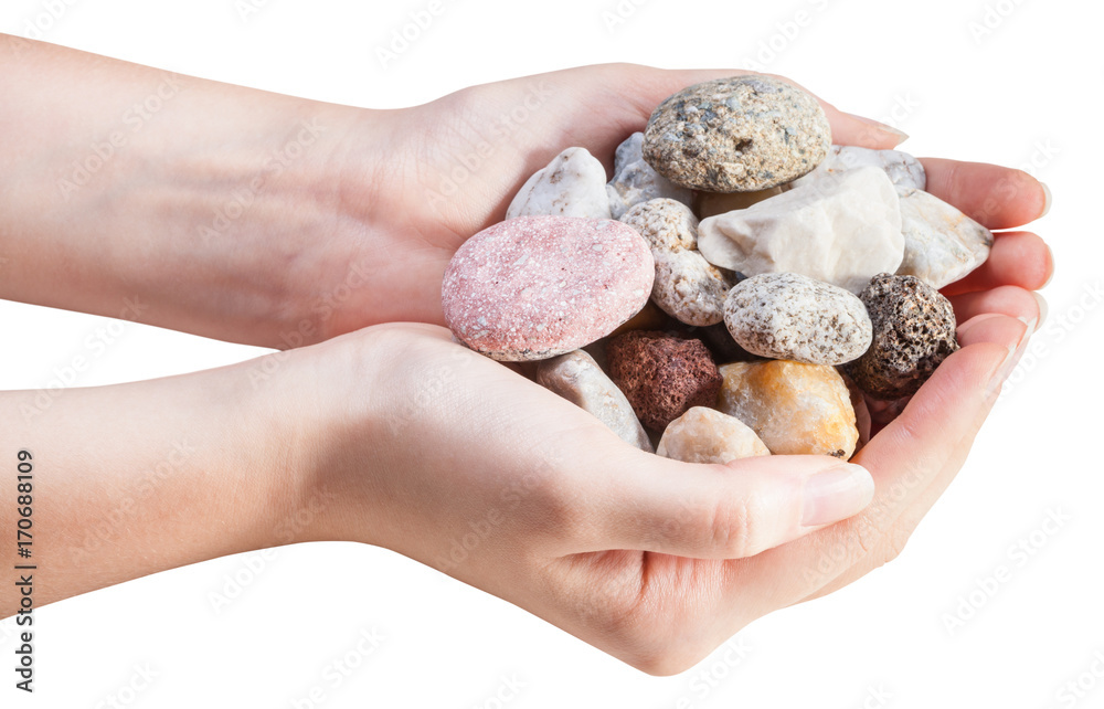 side view of various natural pebbles in handful side view of various natural pebbles in handful