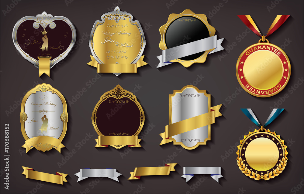 Set of Vector Golden Badge with ribbon on Black background, Retro Labels and Ribbons color design, Vintage logo website and mobile website badges, ads, print material, label frame design Set of Vector Golden Badge with ribbon on Black background, Retro Labels and Ribbons color design, Vintage logo website and mobile website badges, ads, print material, label frame design