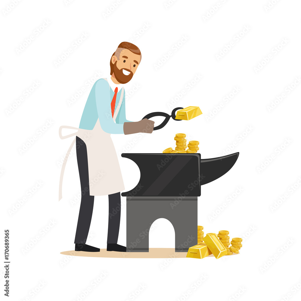 Businessman forging money on the anvil, make money concept vector Illustration Businessman forging money on the anvil, make money concept vector Illustration