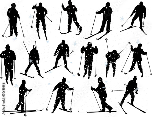 set of fifteen skiers isolated on white