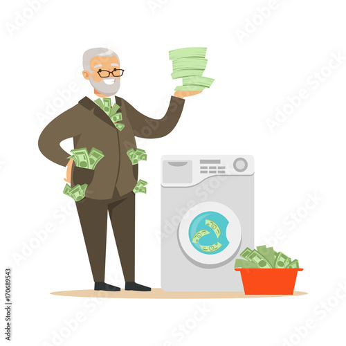 Corrupt confident mature man in a business suit washing dirty money, illegal money laundering vector Illustration