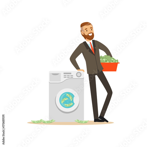 Man in a business suit washing the money in a washing machine, illegal money laundering vector Illustration