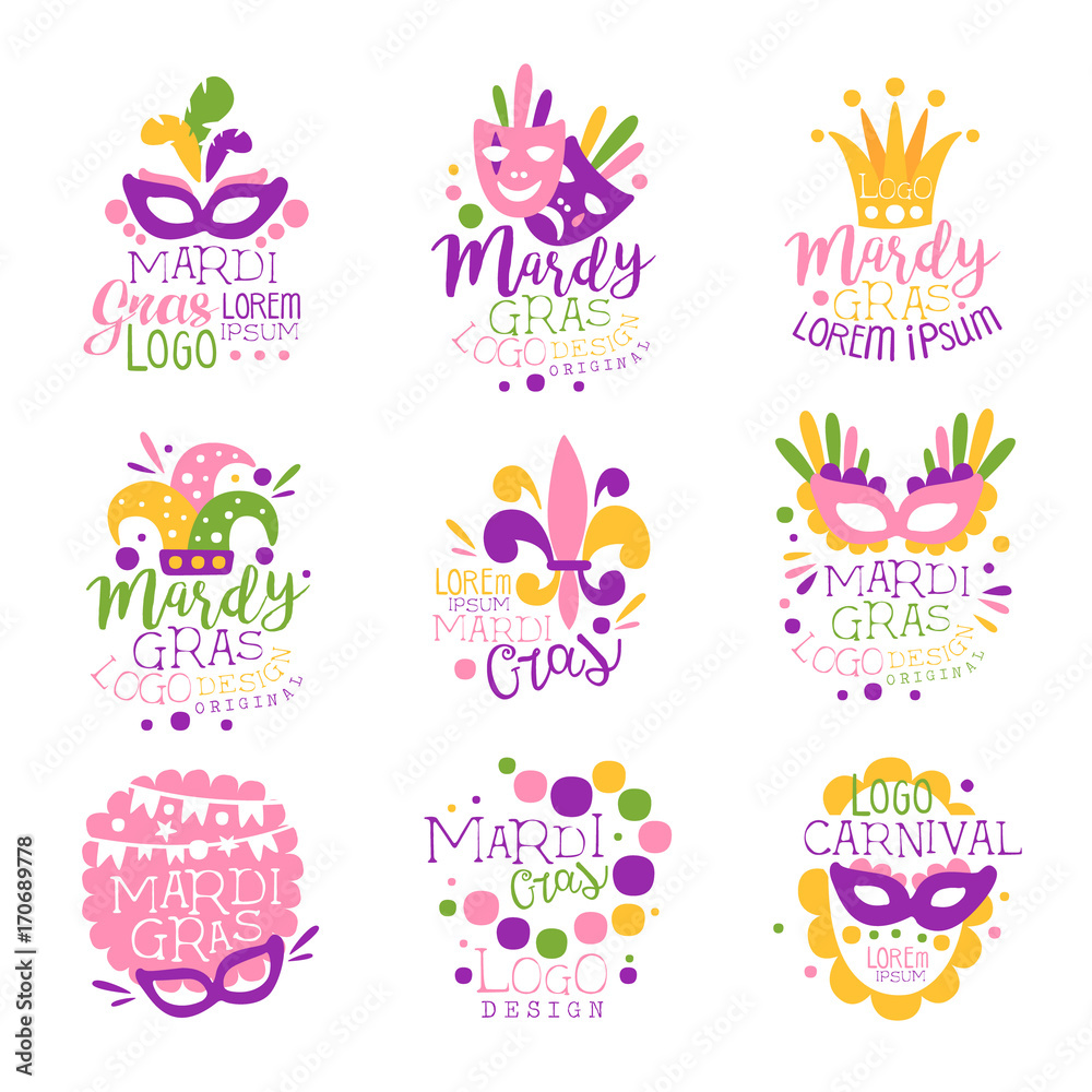 Fototapeta premium Mardi Gras carnival logo original design set, hand drawn colorful vector Illustrations