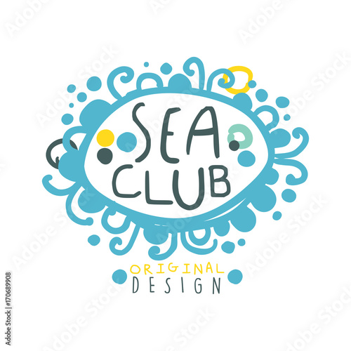 Sea club logo design, summer travel and sport hand drawn colorful vector Illustration