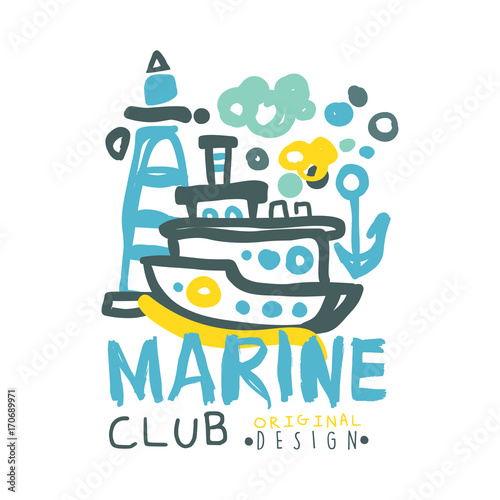 Marine club logo design, summer travel and sport hand drawn colorful vector Illustration