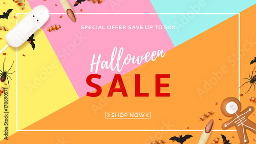 Halloween sale web banner with treats. Top view on paper bats, spiders and confetti on colorful backdrop. Vector illustration with cookies in form of skeleton gingerbread man. Special seasonal offer.
