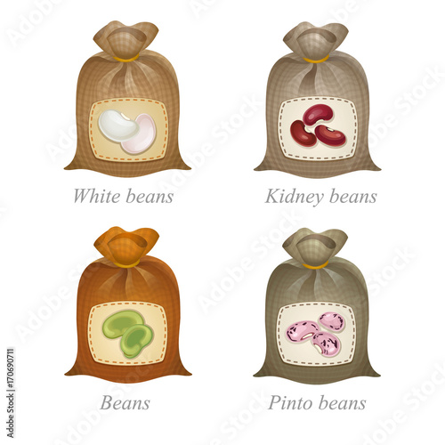 Four tied sacks with beans and peas labels on them / Tied sacks with white beans, kidney beans, green beans, pinto beans icons and names under them
