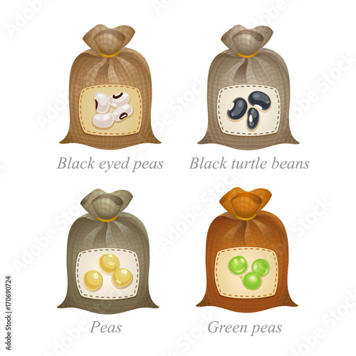 Four tied sacks with beans and peas labels on them / Tied sacks with black eyed peas, black turtle beans, peas, green peas icons and names under them

