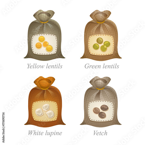 Four tied sacks with beans and peas labels on them / Tied sacks with yellow lentils, green lentils, white lupine, vetch icons and names under them
