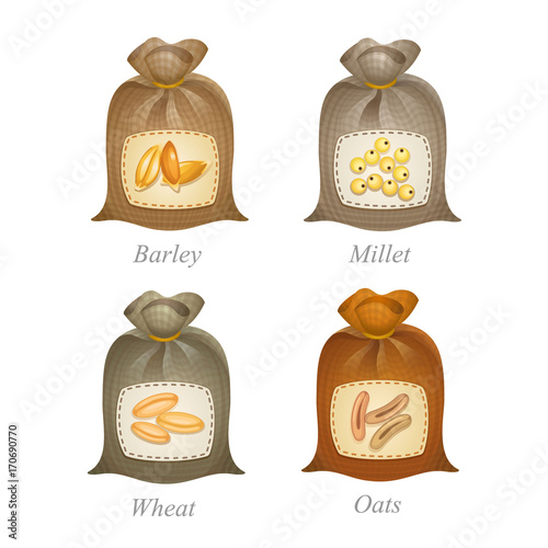 Four tied sacks with cereal labels on them / Tied sacks with barley, millet, wheat, oats icons and names under them
