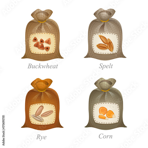 Four tied sacks with cereal labels on them / Tied sacks with buckwheat, spelt, rye, corn icons and names under them
