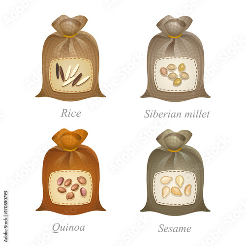 Four tied sacks with cereal labels on them / Tied sacks with rice, siberian  millet, quinoa, sesame icons and names under them Stock Vector | Adobe Stock