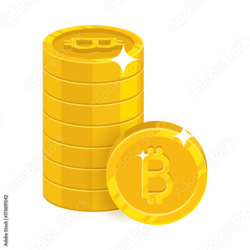 Bitcoin symbol stack. Virtual currency, find a wallet, buy, shop and sell online, biggest marketplace. Cartoon vector illustration on white background