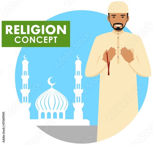 Prayer time. Religion concept. Muslim person with beads in hands pray standing on the background silhouette of mosque and minarets. Arabic man pray. Vector illustration.