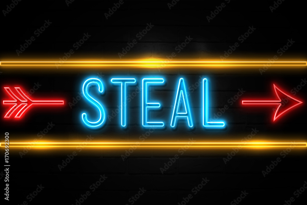 Steal  - fluorescent Neon Sign on brickwall Front view