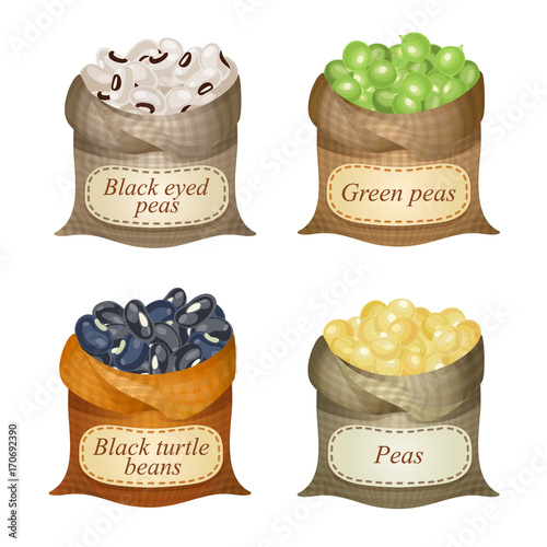 Four untied sacks with beans, peas and labels on them / Untied sacks with black eyed peas, black turtle beans, peas, green peas and names on them
