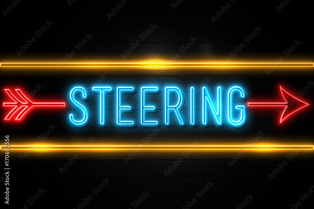 Steering  - fluorescent Neon Sign on brickwall Front view