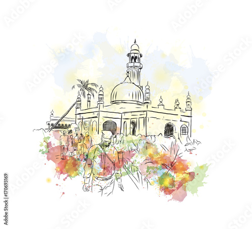 Watercolor sketch of Haji Ali Dargah Mumbai India. Vector illustration. photo