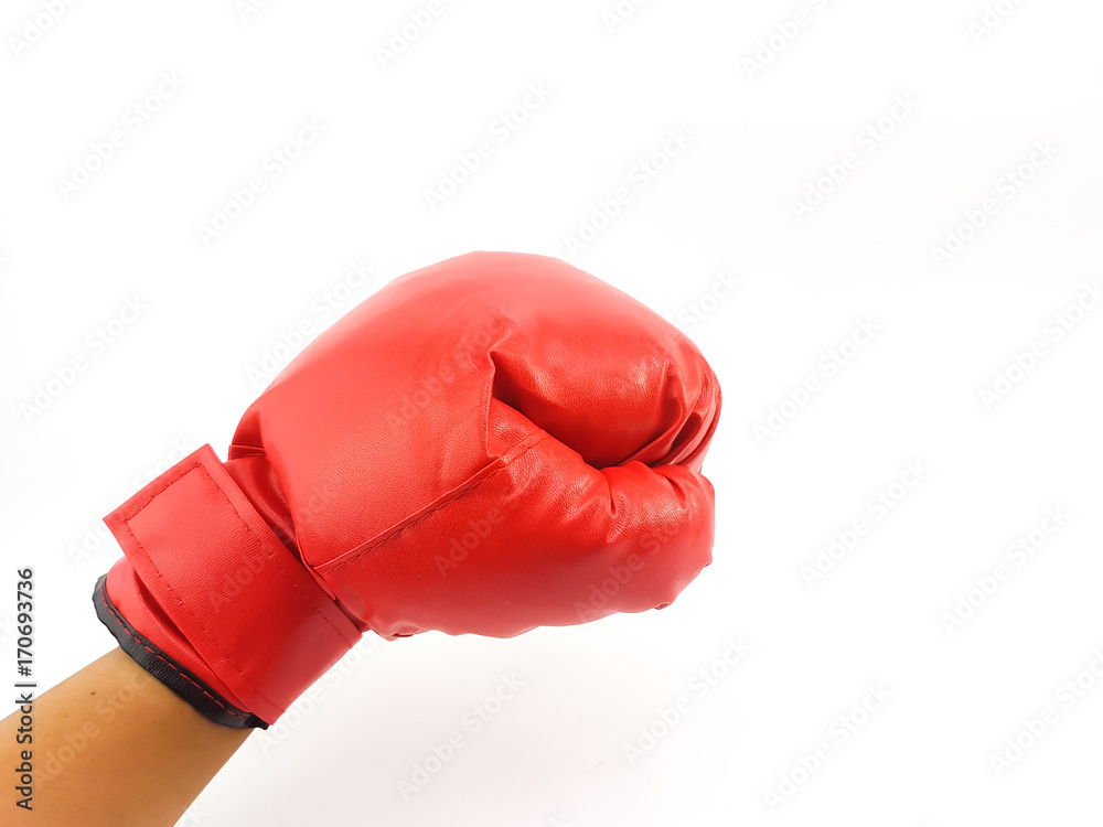 Man hand is wearing the red boxing glove