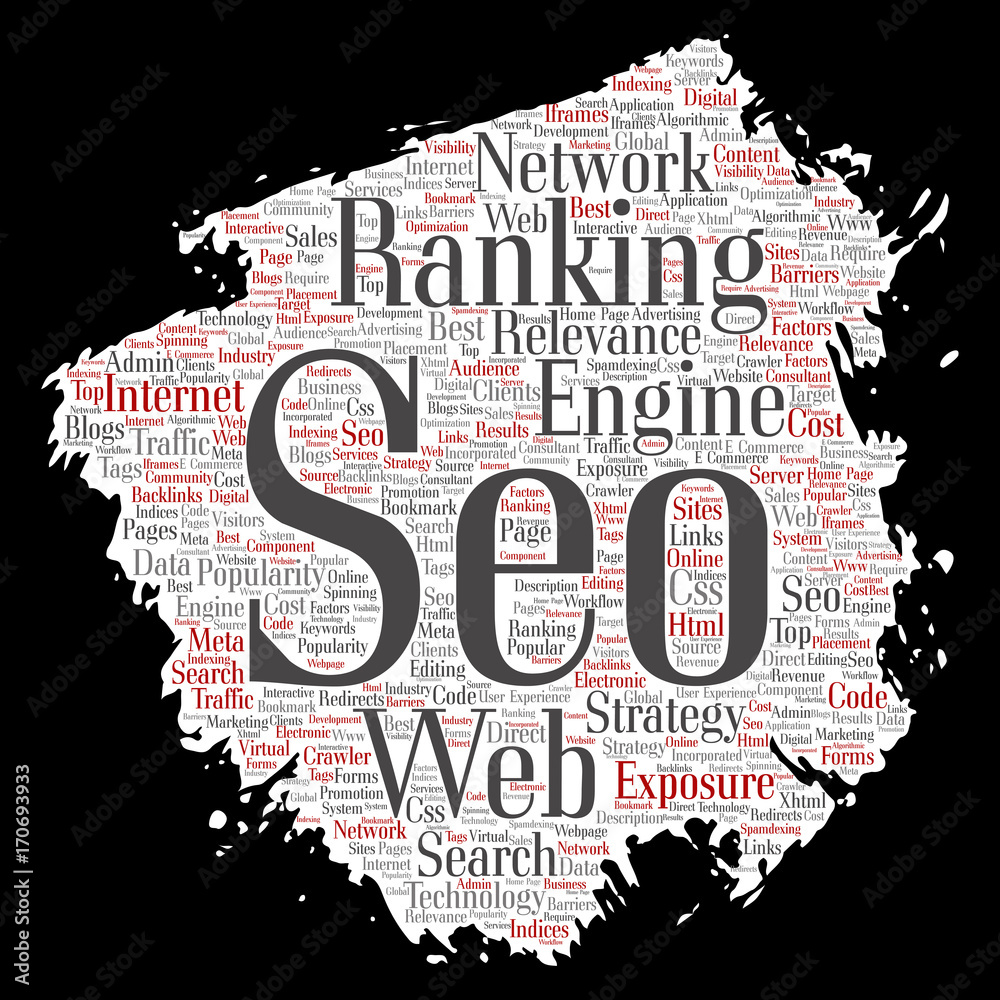 Vector conceptual search results engine optimization top rank, seo brush or paper online internet word cloud text isolated on background. Marketing strategy web page content relevance network concept