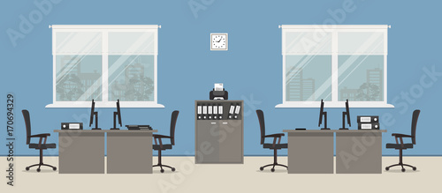 Office room in a blue color. There are gray tables, black chairs, cabinet for documents, a printer and other objects in the picture. Vector flat illustration.