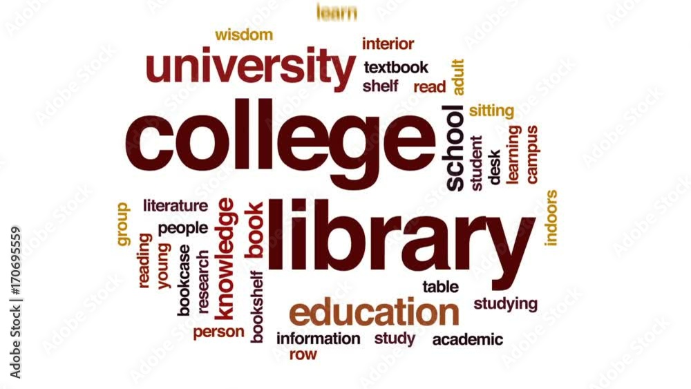 College library animated word cloud, text design animation. College library animated word cloud, text design animation.