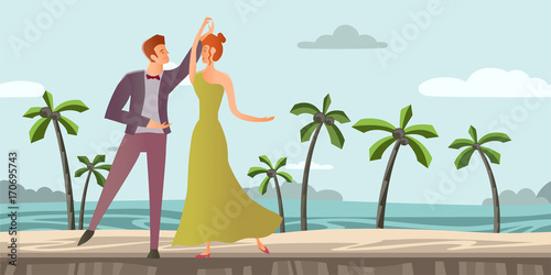 Young couple in love. Man and woman dancing ballroom dance on a tropical beach with palm trees. Vector illustration.