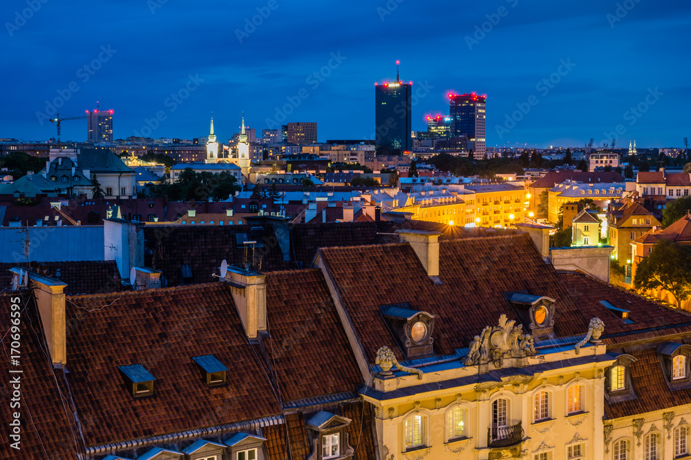 Night view of the old town in Warsaw, Poland