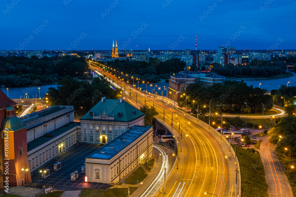 Night view from old town of the route W-Z, Warsaw, Poland