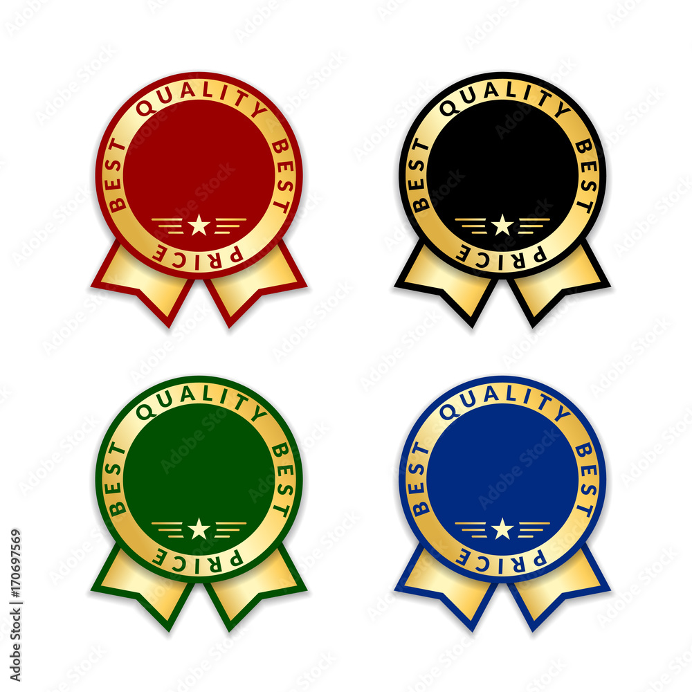 Ribbon award best price labels set. Gold ribbon award icons isolated white background. Best quality golden label for medal, best choice, price, certificate guarantee product Vector illustration