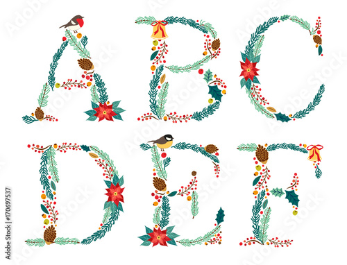 Cute vintage hand drawn rustic floral Christmas alphabet