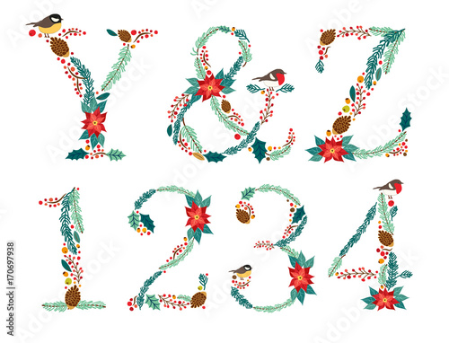 Cute vintage hand drawn rustic floral Christmas alphabet