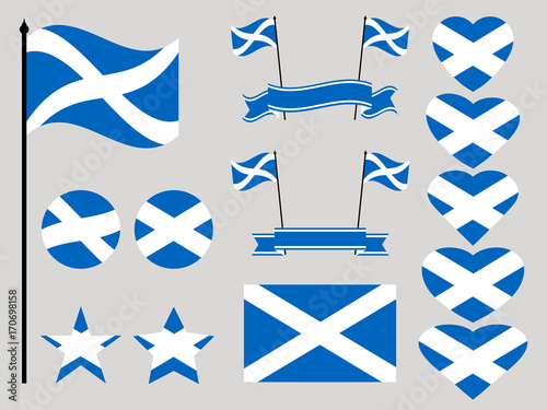Scotland flag set. Collection of symbols heart and circle. Vector illustration