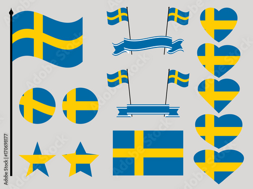 Sweden flag set. Collection of symbols heart and circle. Vector illustration