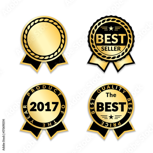 Ribbon awards best seller set. Gold ribbon award icons isolated white background. Bestseller golden tags sale label, badge, medal, guarantee quality product, certificate. Vector illustration
