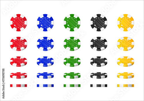 Chips rotation cartoon style isolated. The multicolored chips are at different angles around its axis for designers and illustrators. Rolling of bets in the form of a vector illustration