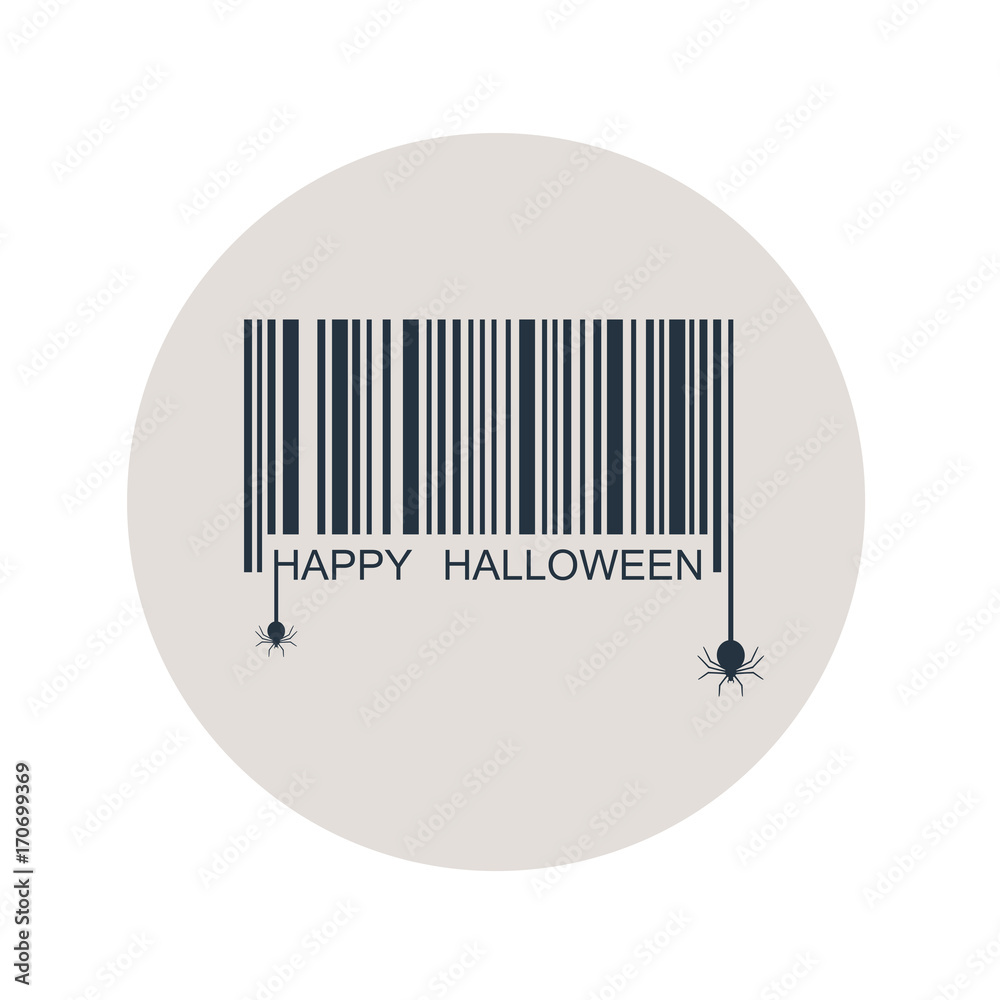 Icono plano codigo de barras HAPPY HALLOWEEN y arañas en circulo gris Icono plano codigo de barras HAPPY HALLOWEEN y arañas en circulo gris