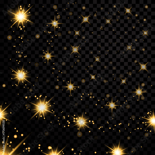 Gold stars black night sky on transparent background. Abstract bokeh glowing space design. Starry milky way. Galaxy golden starlight shine sparkle. Shiny fantasy glow in dark Vector illustration
