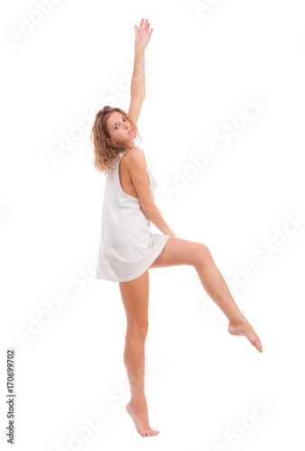 High-ranking tall girl in a white T-shirt on a white background