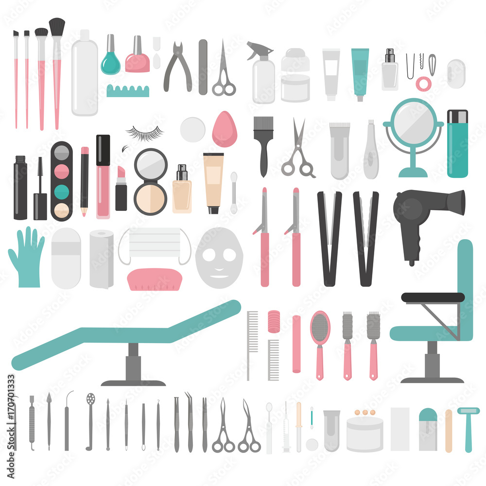 Flat design elements of cosmetology, hairdressing, makeup and manicure. Spa Tools and equipment set. Cosmetic Instrument isolated. Scissors, brushes and devices Flat design elements of cosmetology, hairdressing, makeup and manicure. Spa Tools and equipment set. Cosmetic Instrument isolated. Scissors, brushes and devices