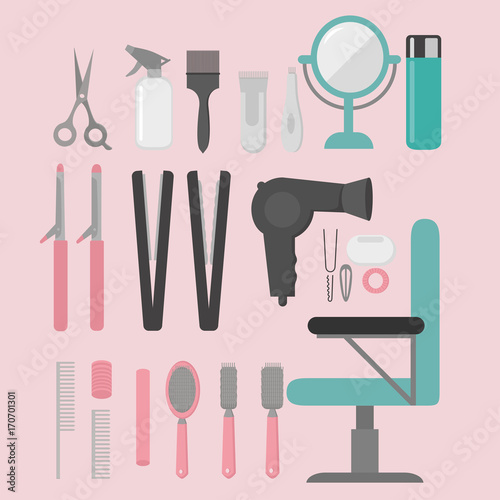 Flat design elements of hairdresser. Set with beauty haircut accessories and equipment. Haircut salon Instrument isolated. Scissors, brushes and devices