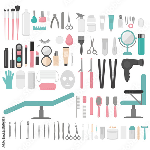 Flat design elements of cosmetology, hairdressing, makeup and manicure. Spa Tools and equipment set. Cosmetic Instrument isolated. Scissors, brushes and devices