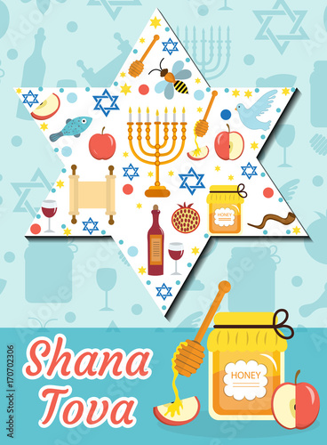 Rosh Hashanah poster  flyer  invitation  greeting card. Shana Tova is a template for your design with traditional symbols. Jewish holiday. Happy New Year in Israel. Vector illustration
