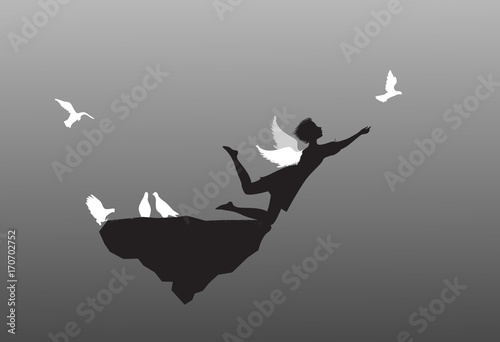 girl angel try to catch the white pigeon