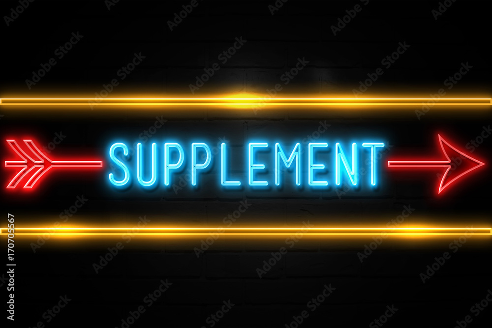 Supplement - fluorescent Neon Sign on brickwall Front view Supplement - fluorescent Neon Sign on brickwall Front view