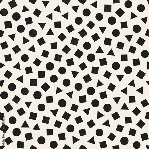 Seamless primitive jumble minimalism patterns. Randomly scattered geometric shapes. Abstract background design