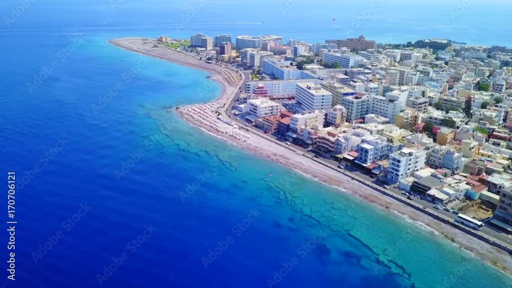 August 2017: Aerial drone video of famous beaches and resorts in Rhodes peninsula, Rodos island, Aegean, Dodecanese, Greece August 2017: Aerial drone video of famous beaches and resorts in Rhodes peninsula, Rodos island, Aegean, Dodecanese, Greece